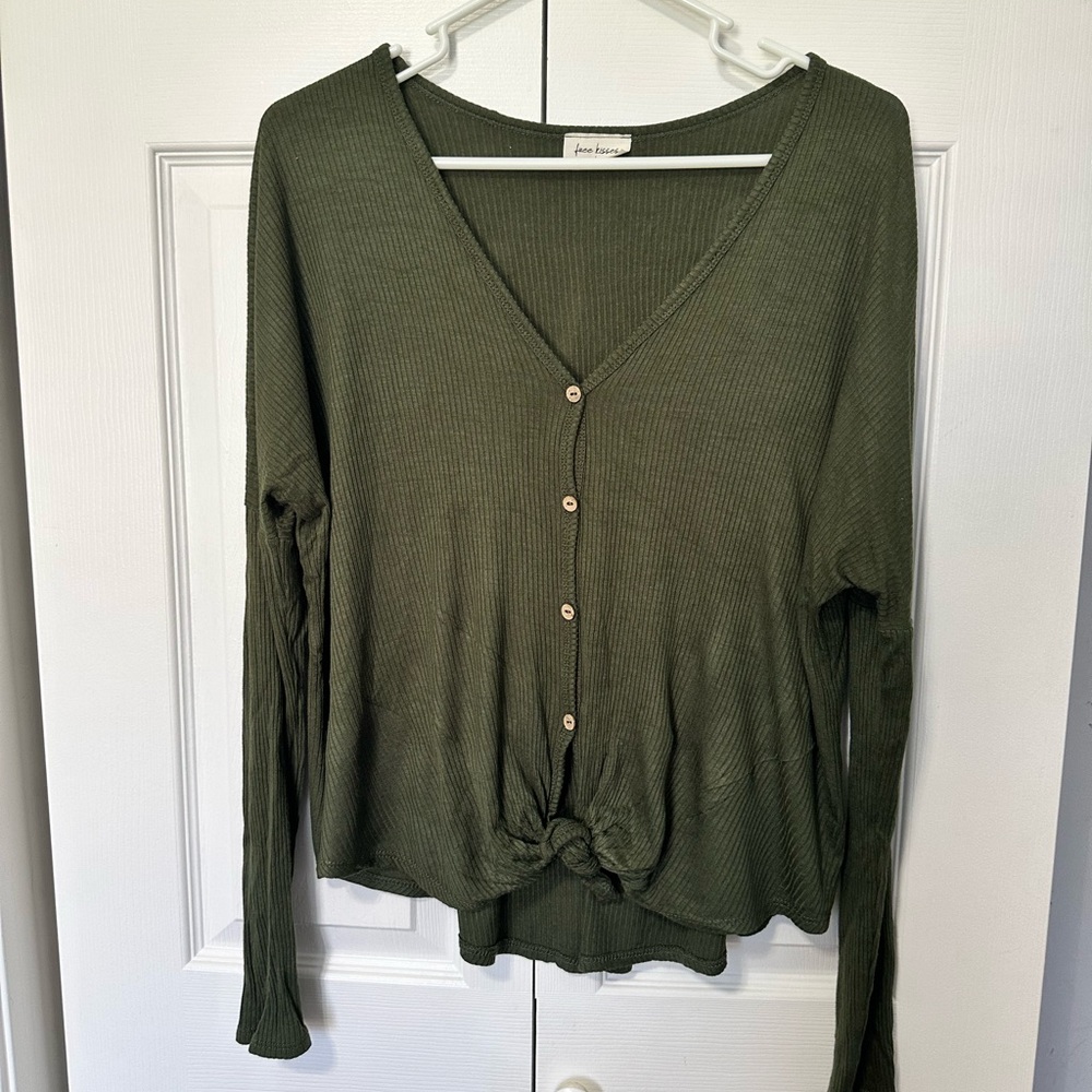 Free Kisses Olive V-Neck Button-Up Blouse